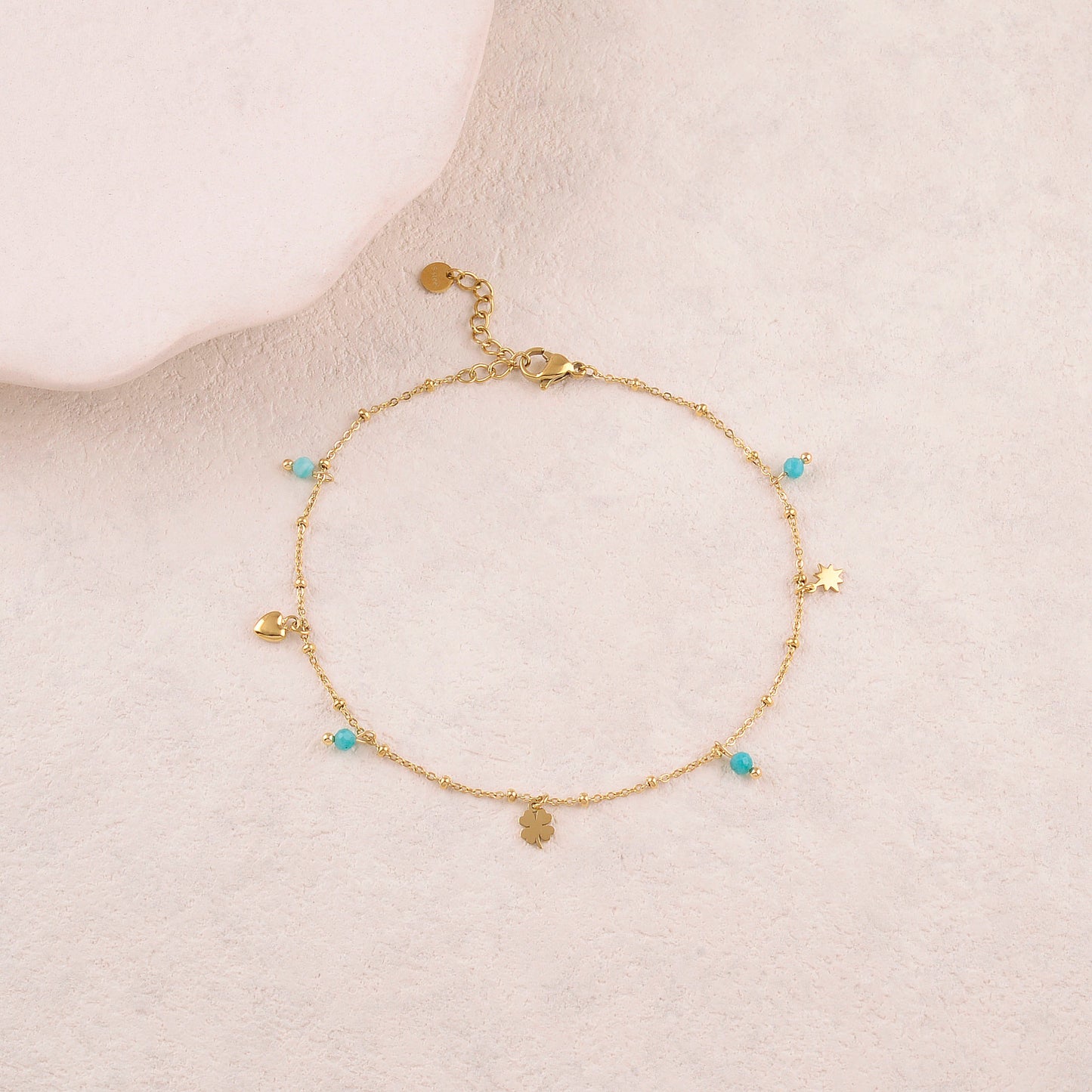 Chaine de cheville avec étoile, trèfle, cœur, pierres naturelles (22+3CM)