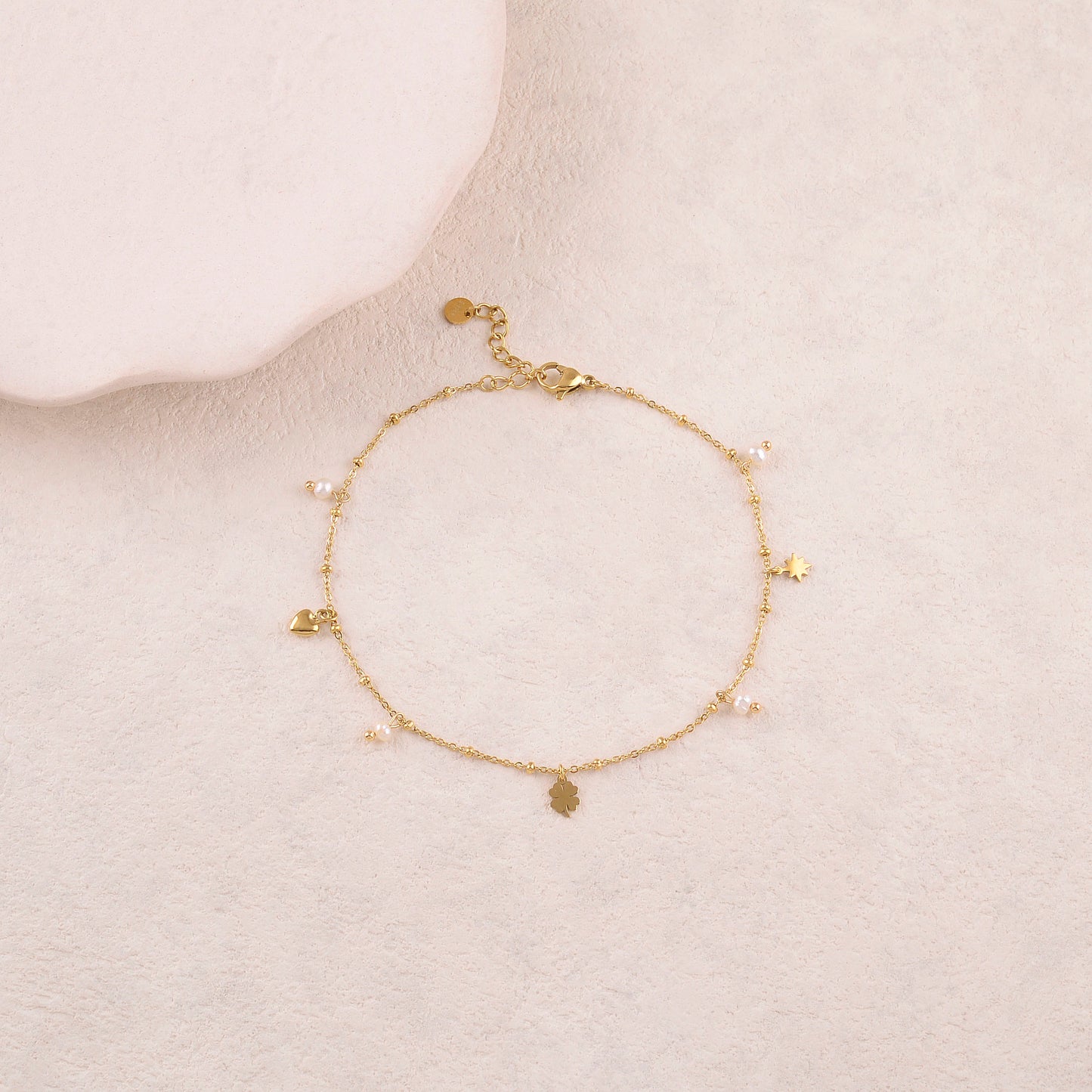 Chaine de cheville avec étoile, trèfle, cœur, perles d'eau douce (22+3CM)