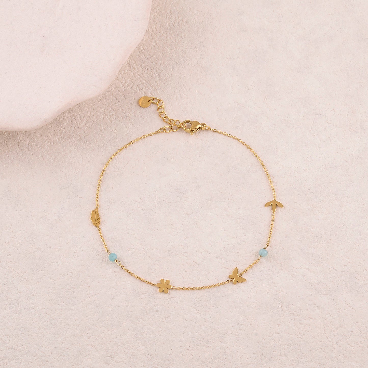 Chaine de cheville avec feuilles, fleur, papillon, pierres naturelles (22+3CM)