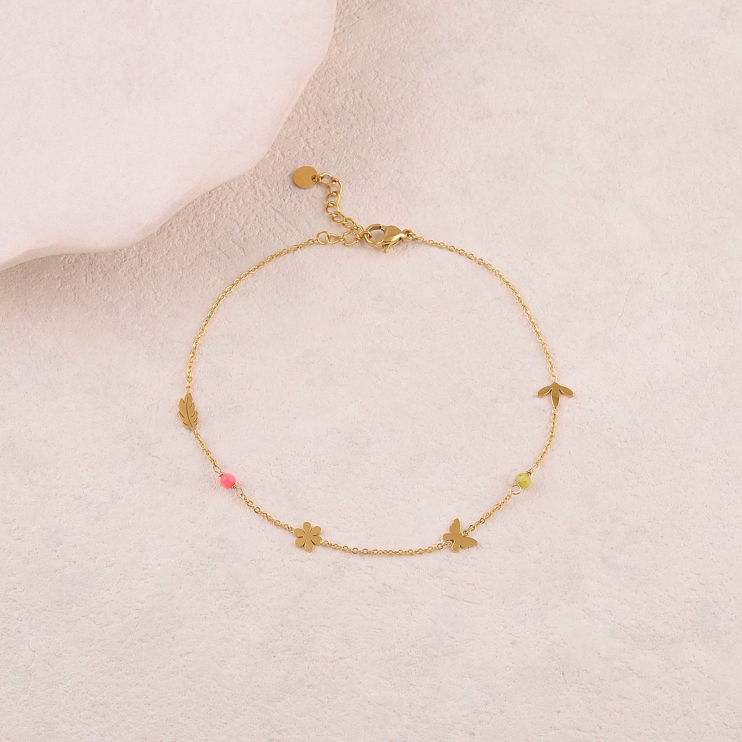 Chaine de cheville avec feuilles, fleur, papillon, pierres naturelles (22+3CM)