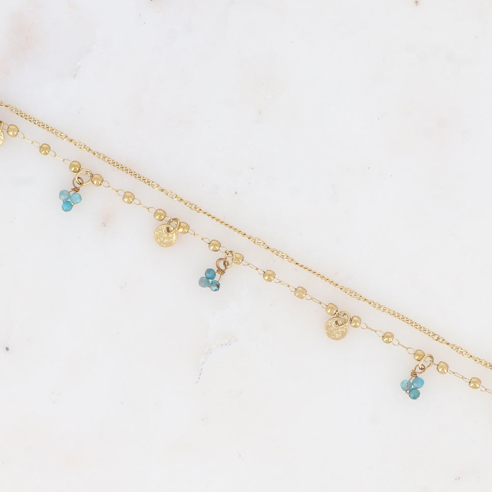 Chaine de cheville 2 rangs avec pampilles rondes, pierres naturelles (22+3CM)