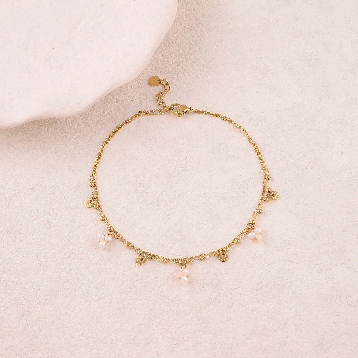 Chaine de cheville 2 rangs avec pampilles rondes, perles d'eau douce (22+3CM)