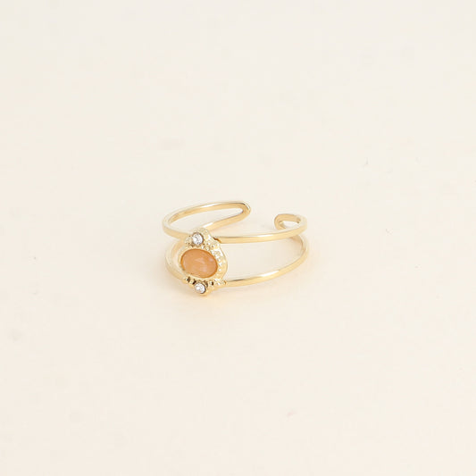 Bague - 2 anneaux, oxydes de zirconium et pierre naturelle ovale aventurine orange