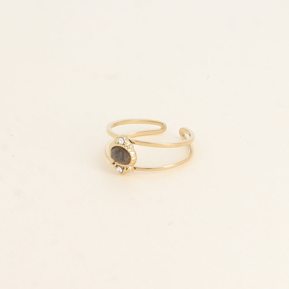 Bague - 2 anneaux, oxydes de zirconium et pierre naturelle ovale labradorite