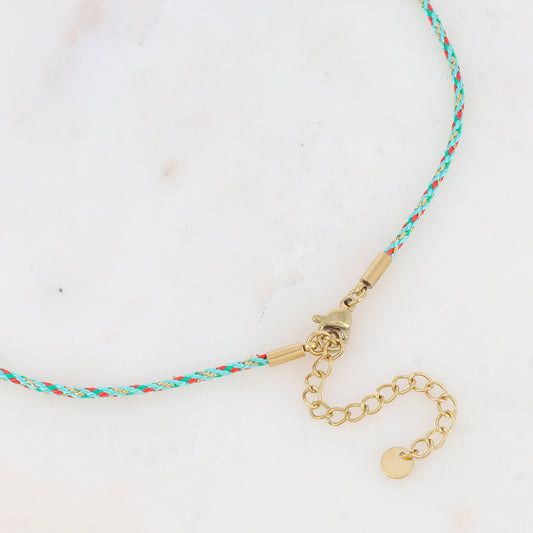 Collier sur cordon avec boules et pampille cœur émaillée