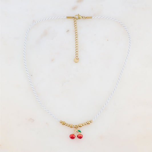 Collier sur cordon avec pampille cerises émaillée