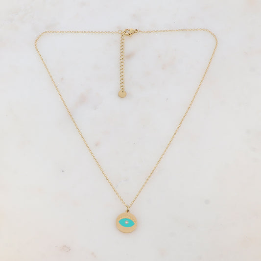 Collier avec pampille ronde émaillée, motif œil et strass (40+5CM)