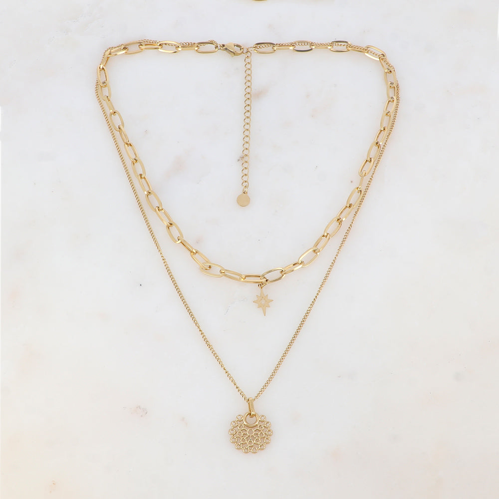 Collier double rangs en maille avec étoile et pampille ajourée (38/45+7CM)