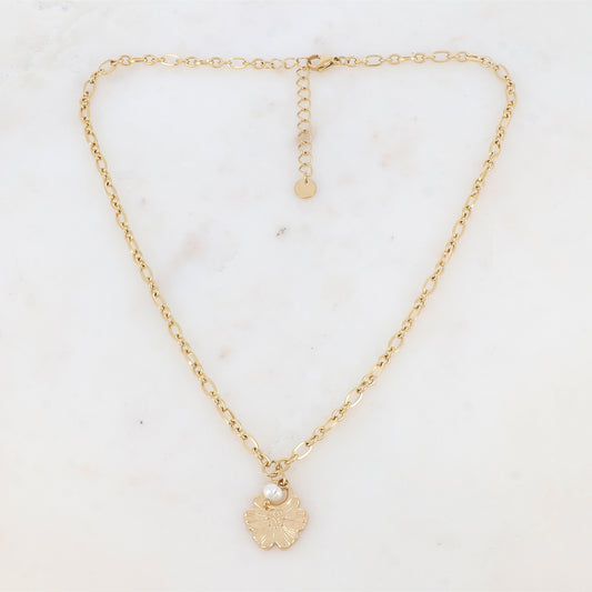 Collier en maille avec fleur et perle d'eau douce (40+5CM)