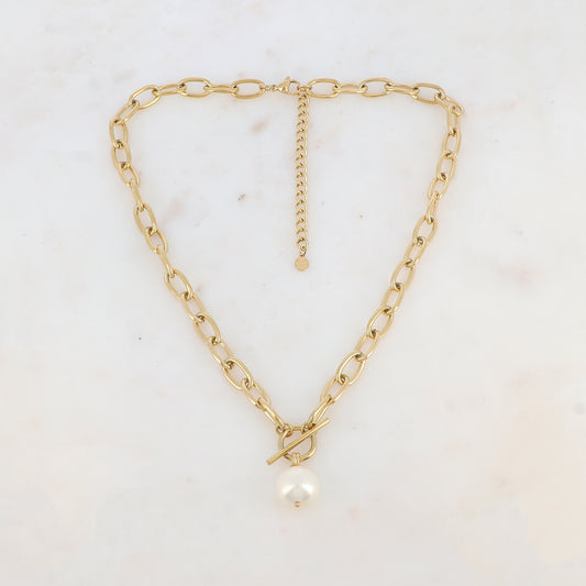 Collier en maille avec perle en résine effet nacré (45+7CM)