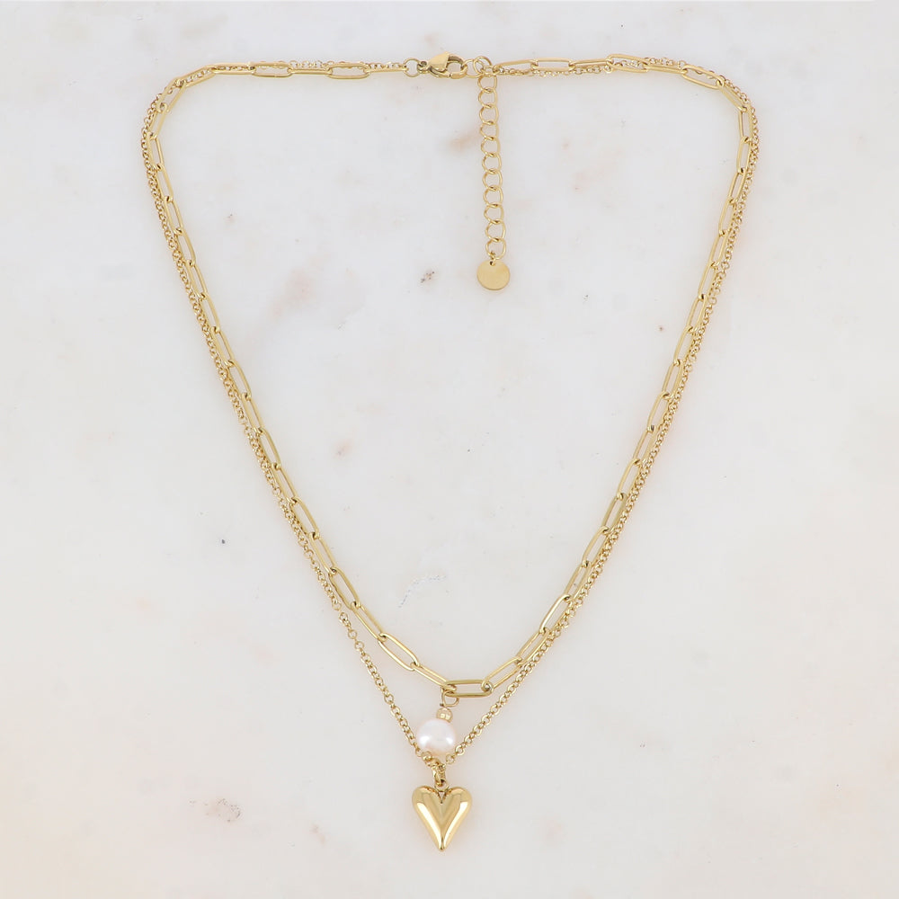 Collier 2 rangs avec maille, perle d'eau douce et cœur (38.5/40.5+5CM)