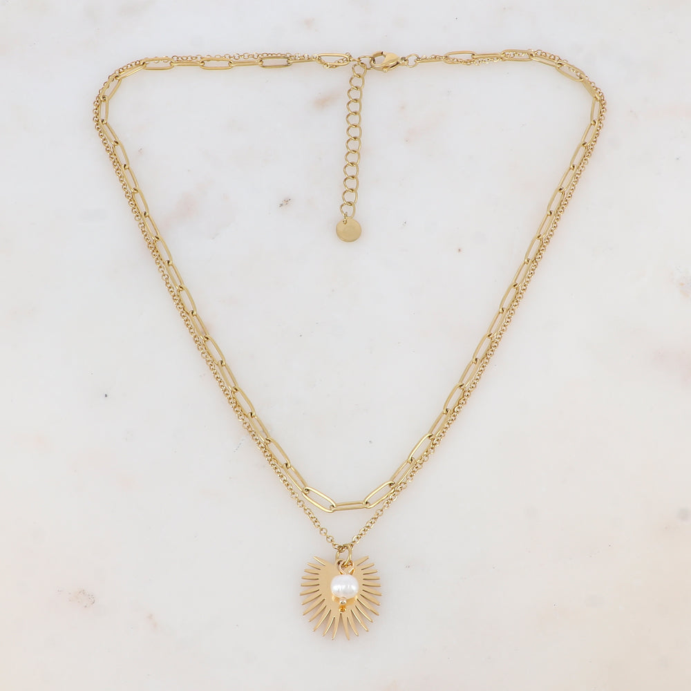 Collier 2 rangs avec maille, perle d'eau douce et pendant demi-soleil (38.5/40.5+5CM)