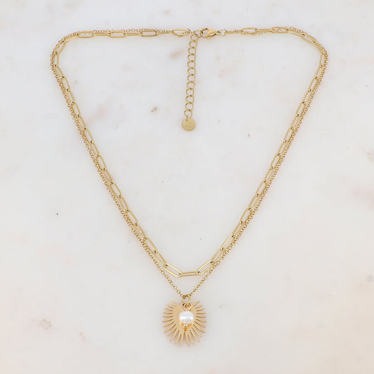 Collier 2 rangs avec maille, perle d'eau douce et pendant demi-soleil (38.5/40.5+5CM)