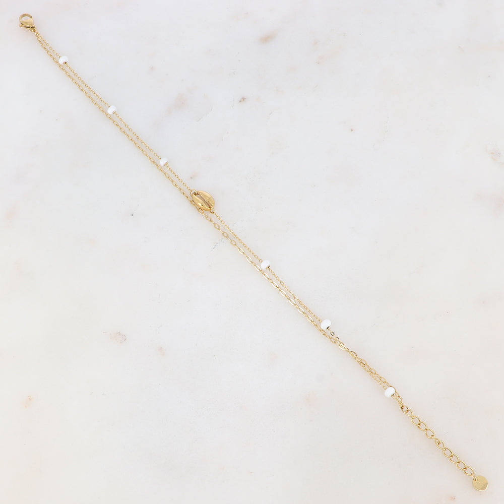 Chaîne de cheville deux rangs avec boules émaillées et cauri (22 + 3CM)