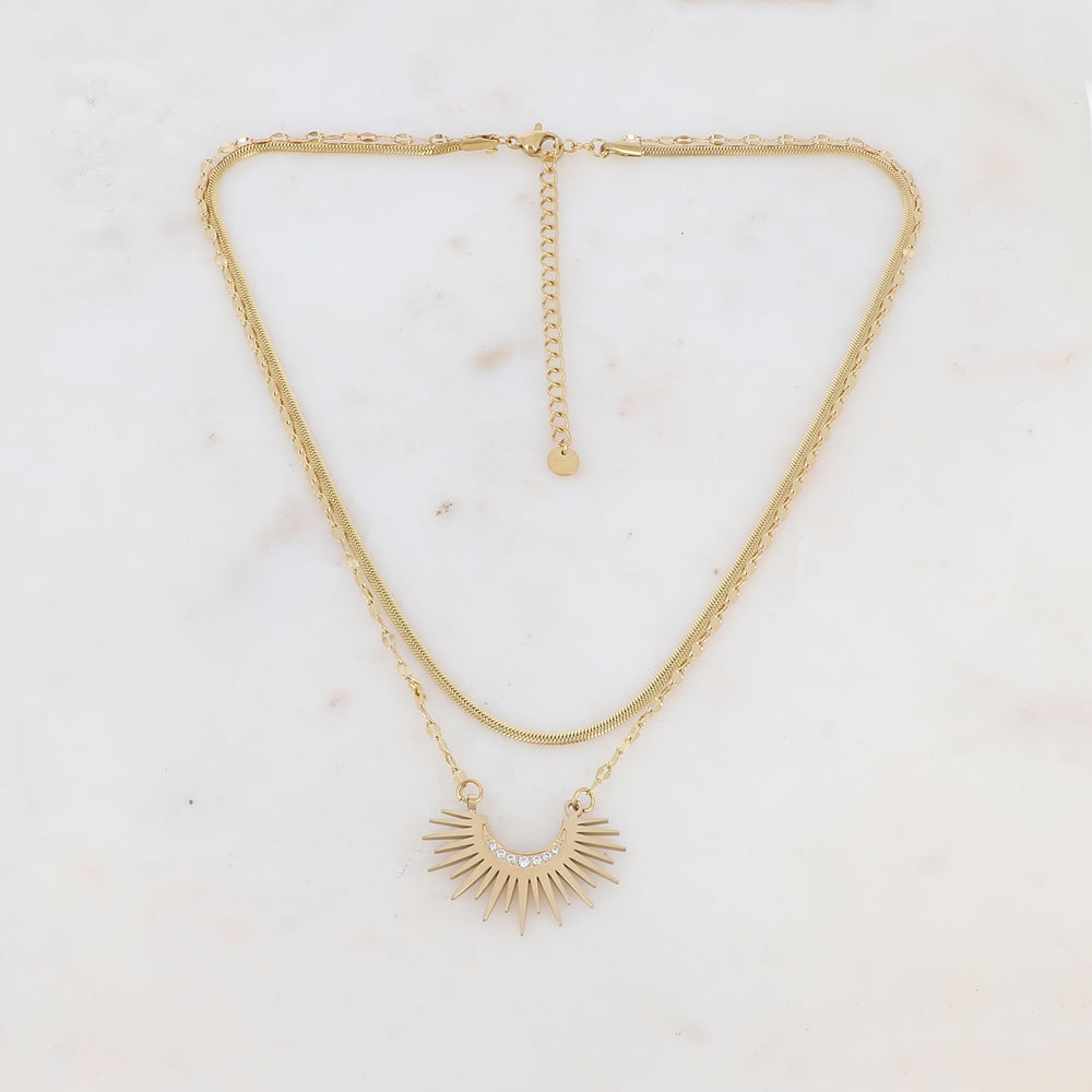 Collier 2 rangs en maille avec pendentif strassé (38/41+7CM)