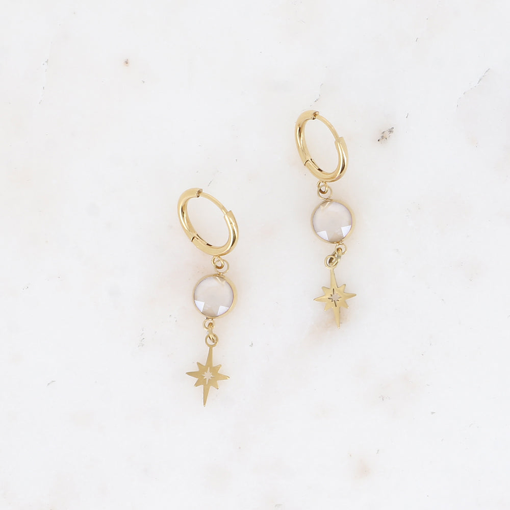 Créoles - cristaux SS29 et pampille étoile ajourée - Ivory cream 7 x 38 mm