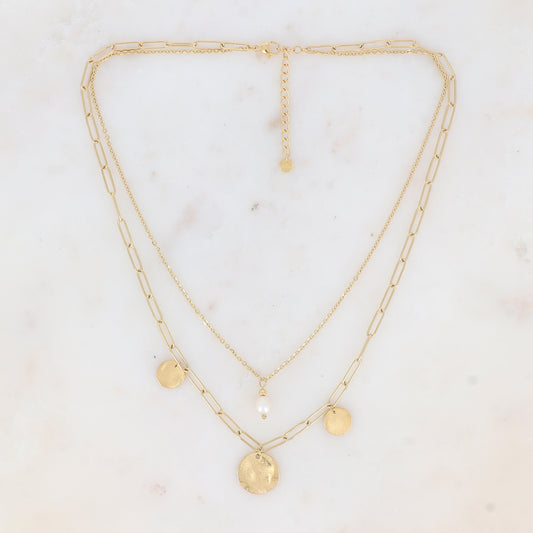 Collier double rangs en maille avec pampilles rondes texturées et perle d'eau douce