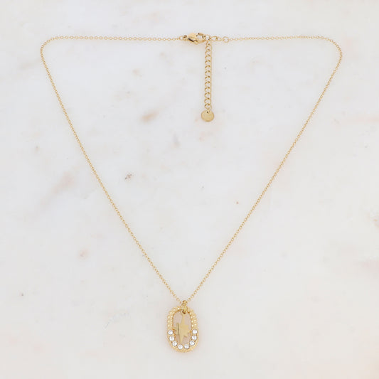 Collier avec anneau rectangulaire strassé et pendentif forme étoile (40+5CM)