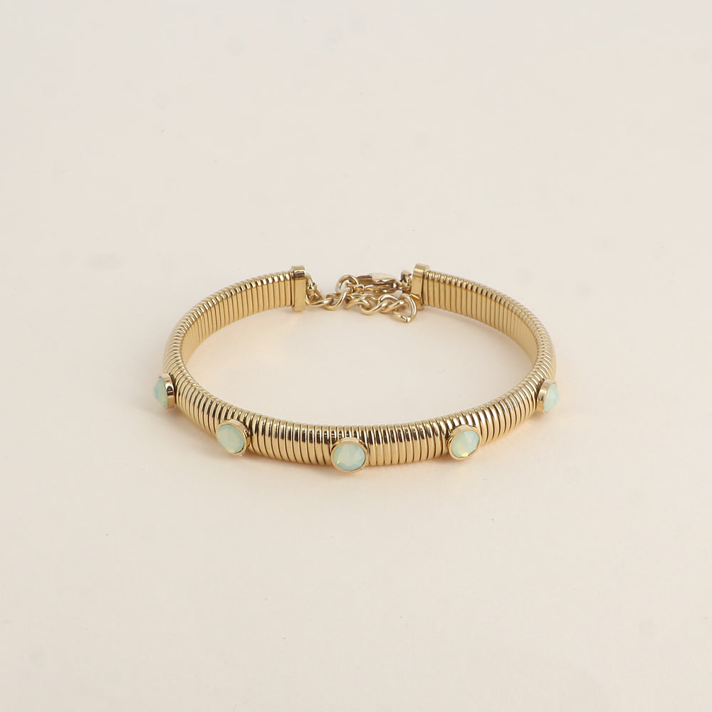 Jonc strié - monture dorée - orné de cristaux de Swarovski® PP20- Chrysolite opal
