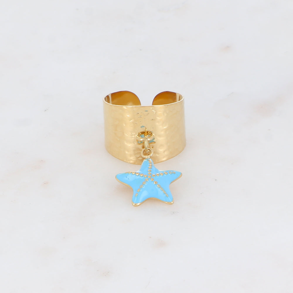 Bague martelée avec pampille étoile de mer émaillée - Turquoise