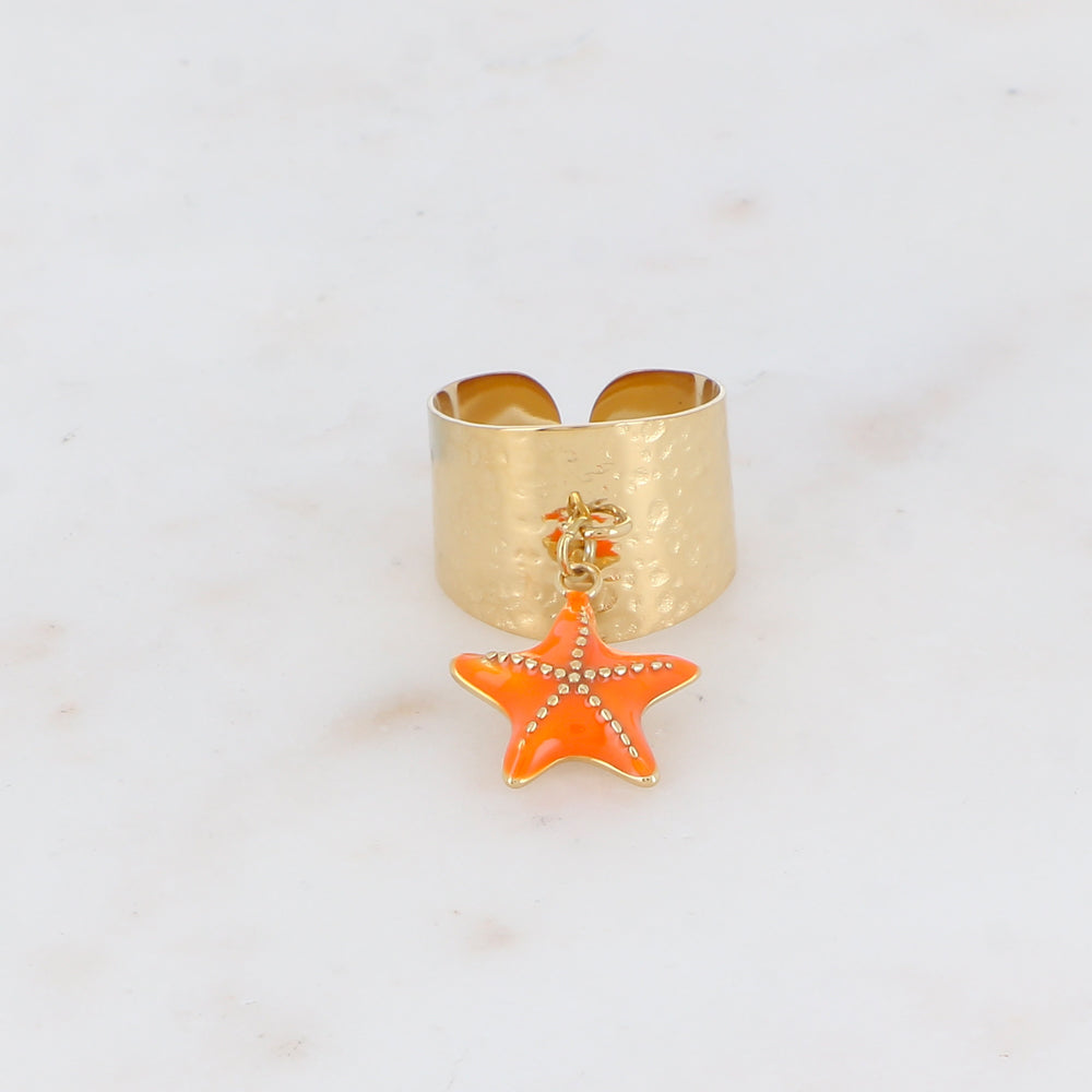 Bague martelée avec pampille étoile de mer émaillée - Orange