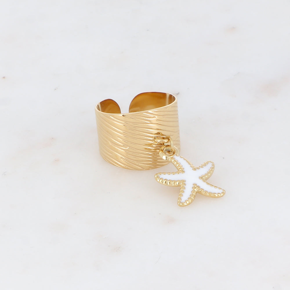 Bague martelée avec pampille étoile de mer émaillée - Blanc