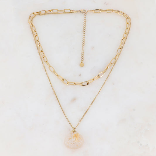 Collier double rangs en maille avec soleil et pendant coquillage en acétate (38/45+7CM)
