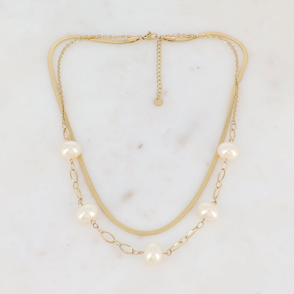 Collier 2 rangs en maille avec perles en résine (41/43.5+5CM)