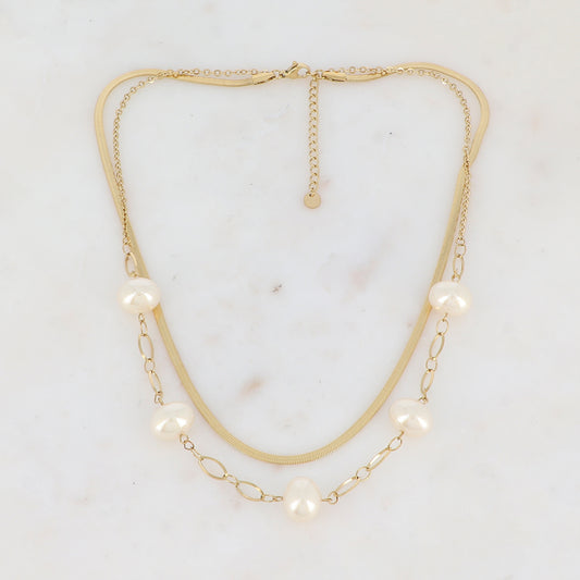 Collier 2 rangs en maille avec perles en résine (41/43.5+5CM)