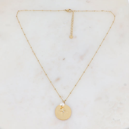Collier avec pendentif rond lisse avec motif étoile, strass, perle d'eau douce (45+5CM)