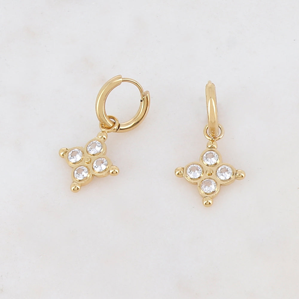 Créoles pendantes avec 4 strass 1,35 x 2,1 cm.