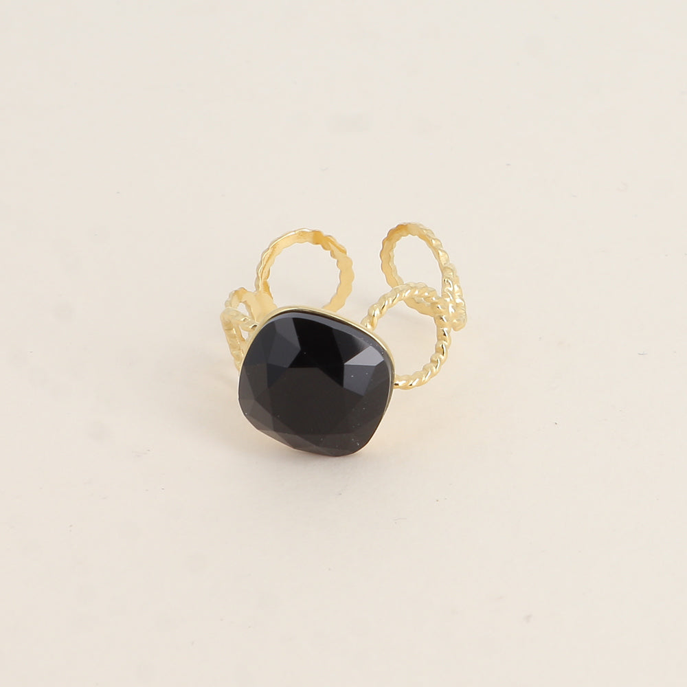 Bague - anneau aux cercles striés et orné de cristaux de Swarovski® - Cristal jet