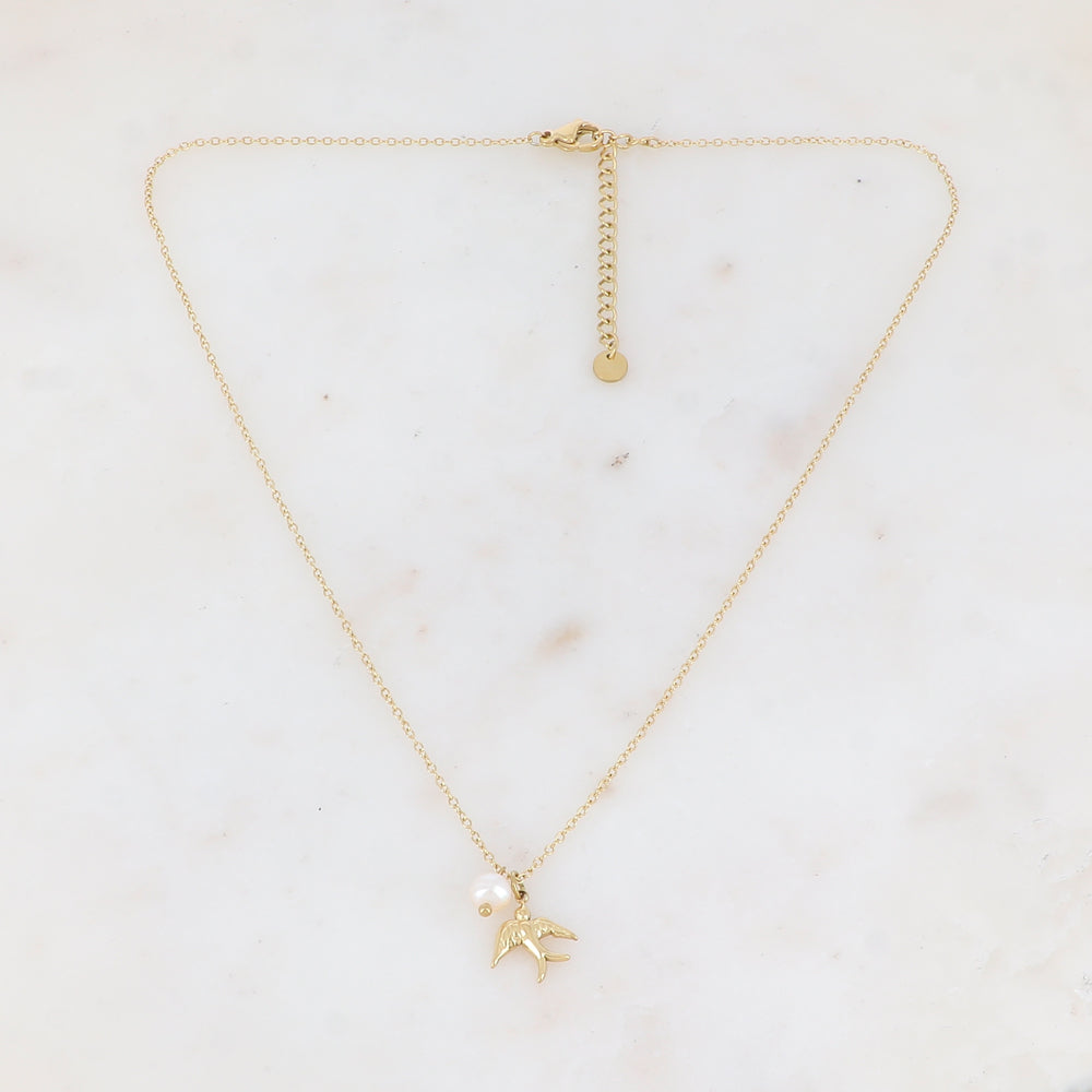 Collier avec pendentif oiseau et perle d'eau douce (40+5CM)