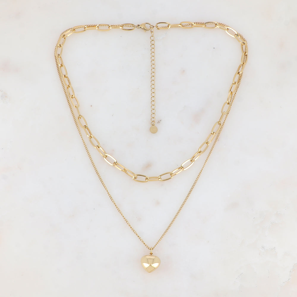 Collier 2 rangs en maille avec pendentif forme cœur bombé effet miroir (38/45+7CM)