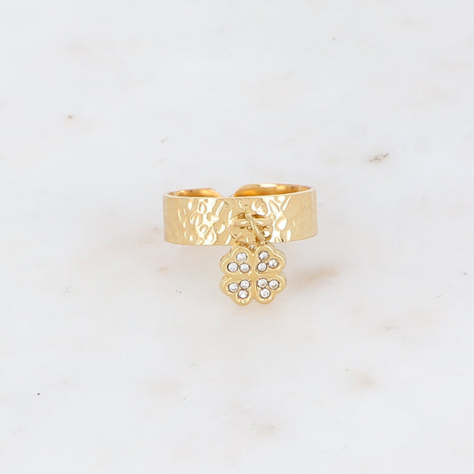 Bague martelée avec pampille trèfle strassée