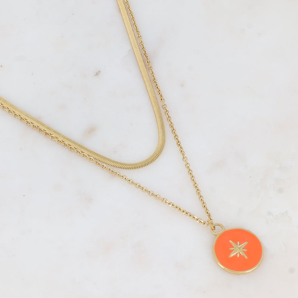 Collier 2 rangs avec maille miroir et pendentif rond émaillé et étoilé (40/55+5CM)