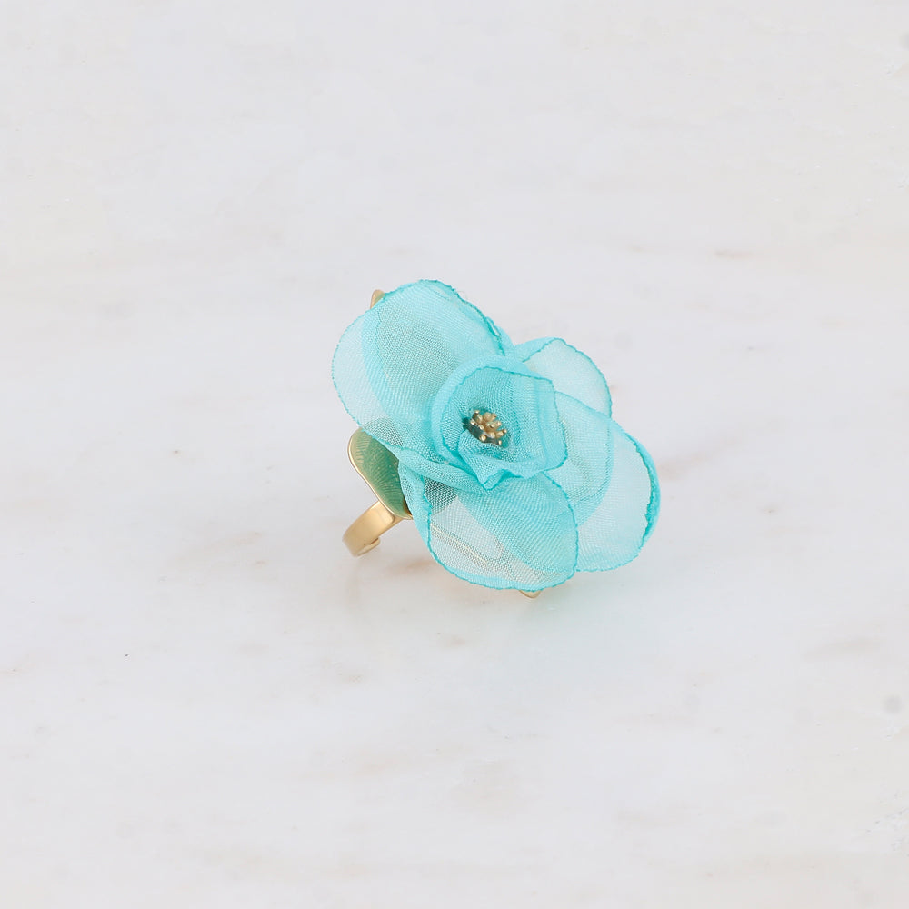Bague avec fleur et tissu - Turquoise