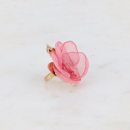 Bague avec fleur et tissu - Rose foncé
