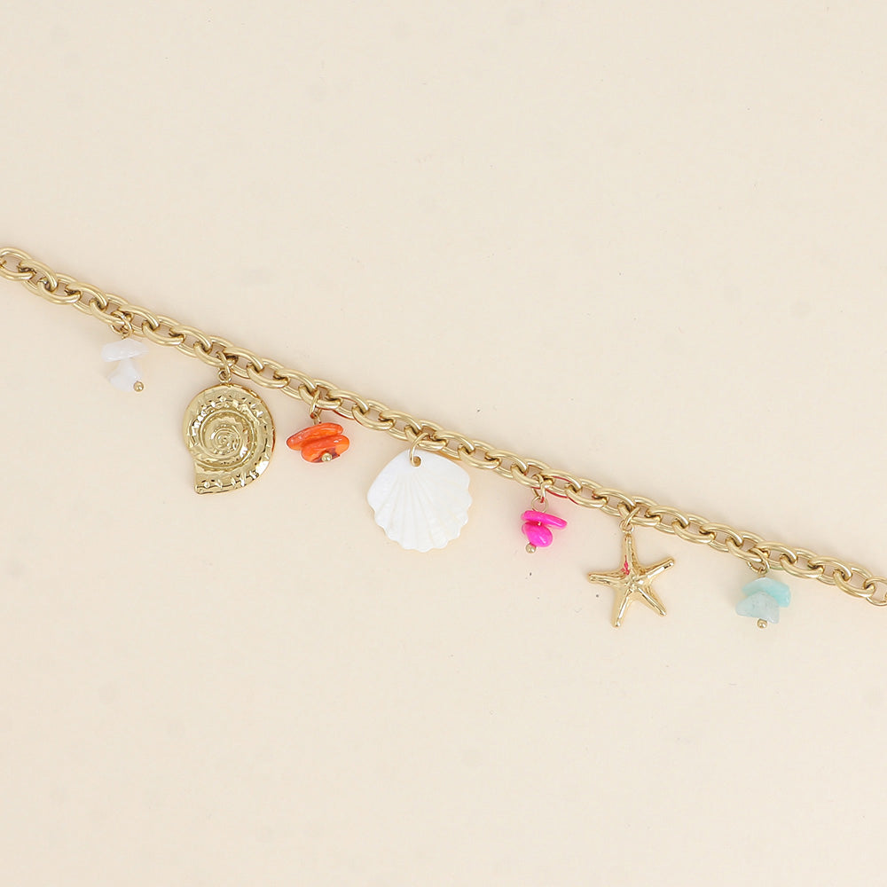 Bracelet - coquillage escargot, étoile de mer, pierres naturelles et coquillage nacré 16+3 cm