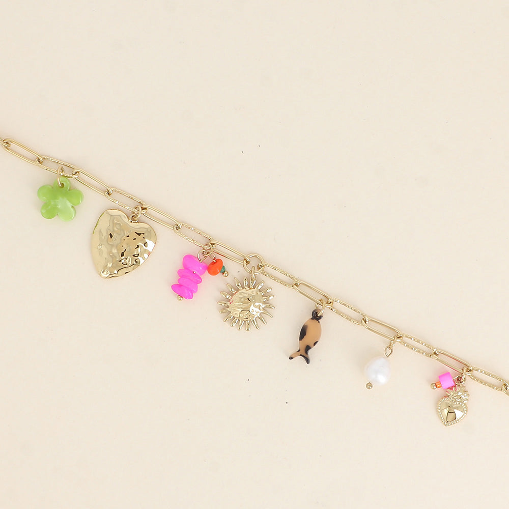 Bracelet - cœur martelé, soleil, fleur et poisson en résine, pierres naturelles 17+3 cm
