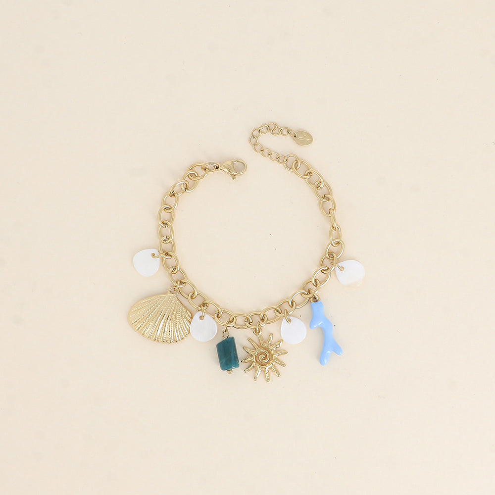 Bracelet - soleil, perles nacrées, coquillage plat, branche de corail en émail et pierre naturelle 17+3 cm