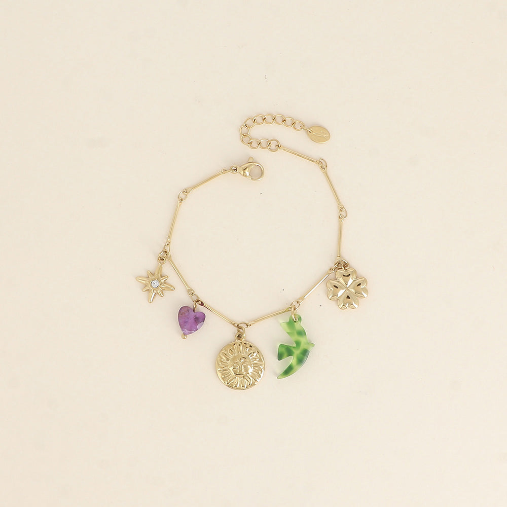 Bracelet - soleil, oiseau en résine, trèfle, étoile du Nord et cœur en pierre naturelle 16+3 cm