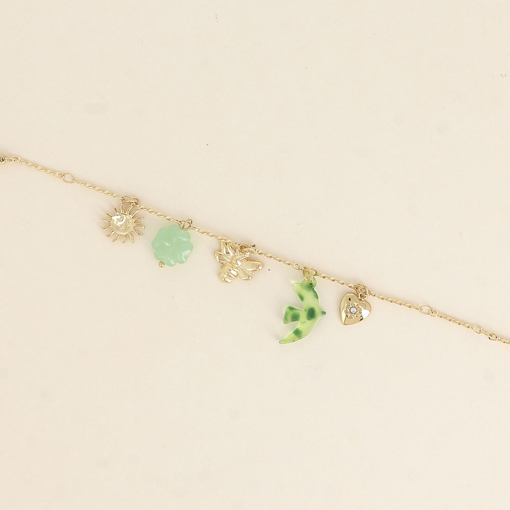 Bracelet - soleil, oiseau et trèfle en résine, abeille et cœur avec oxyde de zirconium 16+3 cm