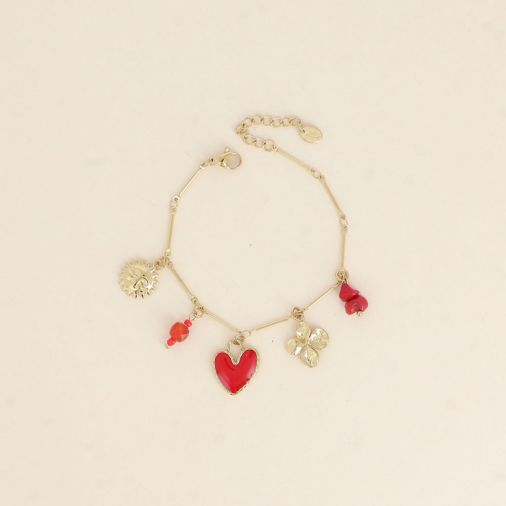 Bracelet - soleil, cœur en émail, trèfle, étoile du Nord et pierres naturelles 16+3 cm