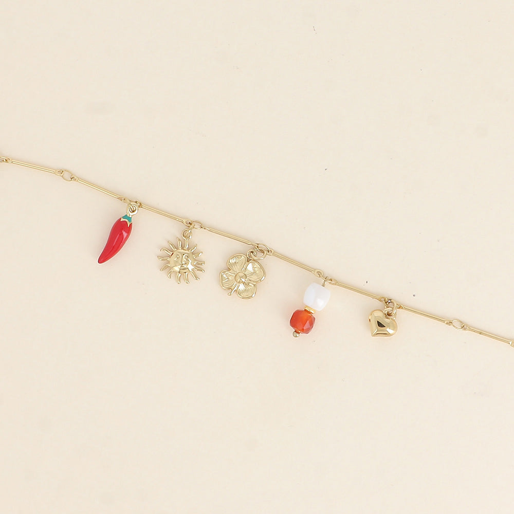 Bracelet - soleil, piment en émail, trèfle, perles et cœur 16+3 cm