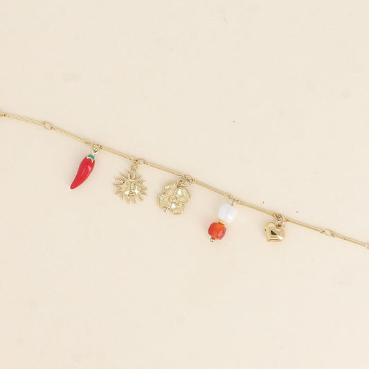 Bracelet - soleil, piment en émail, trèfle, perles et cœur 16+3 cm