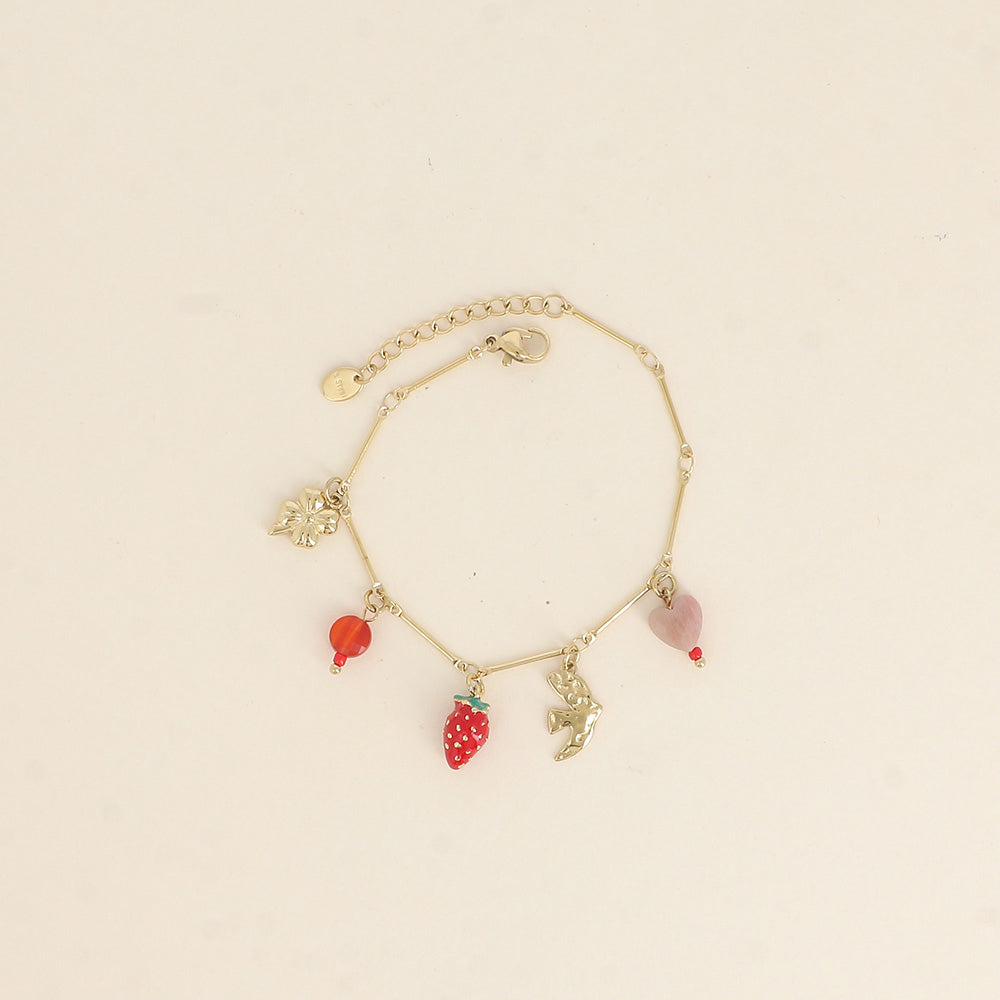 Bracelet - perles, trèfle, fraise en émail, oiseau - 16+3 cm