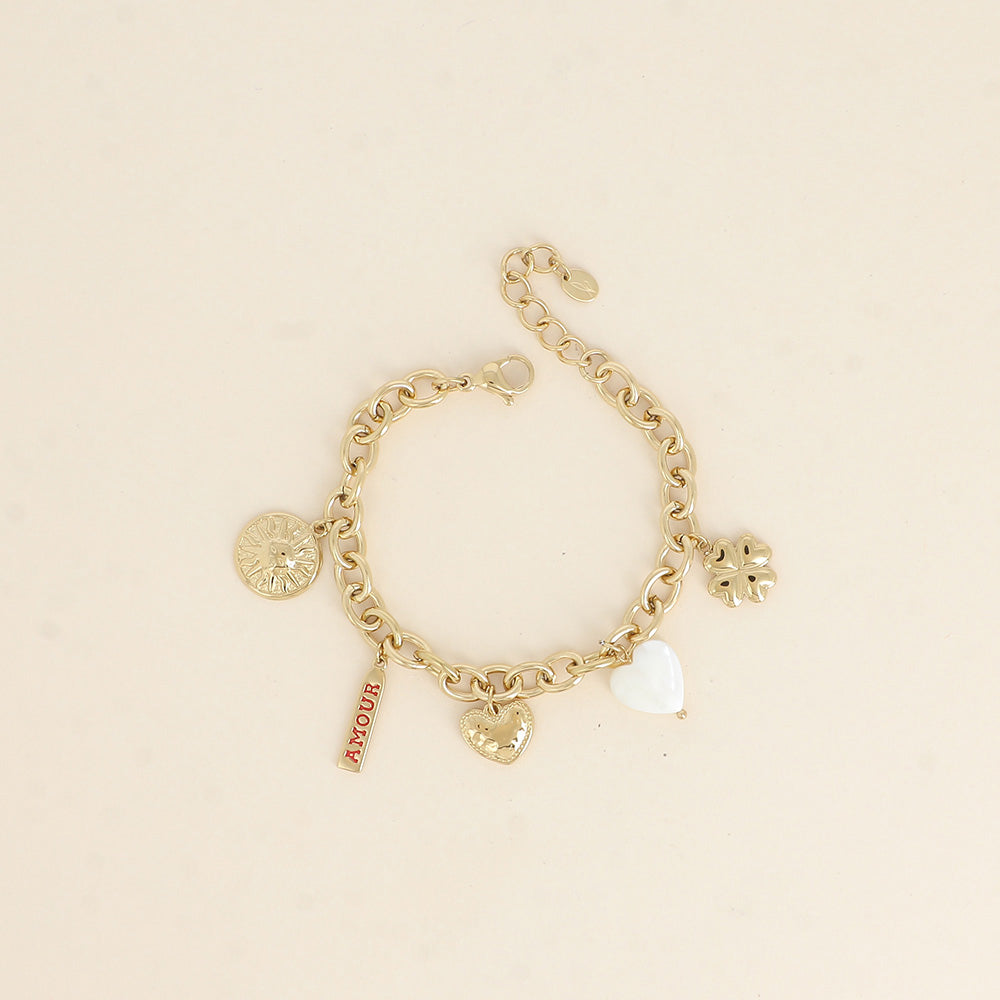 Bracelet - soleil, plaquette AMOUR en émail, cœurs, trèfle (17+3 cm)