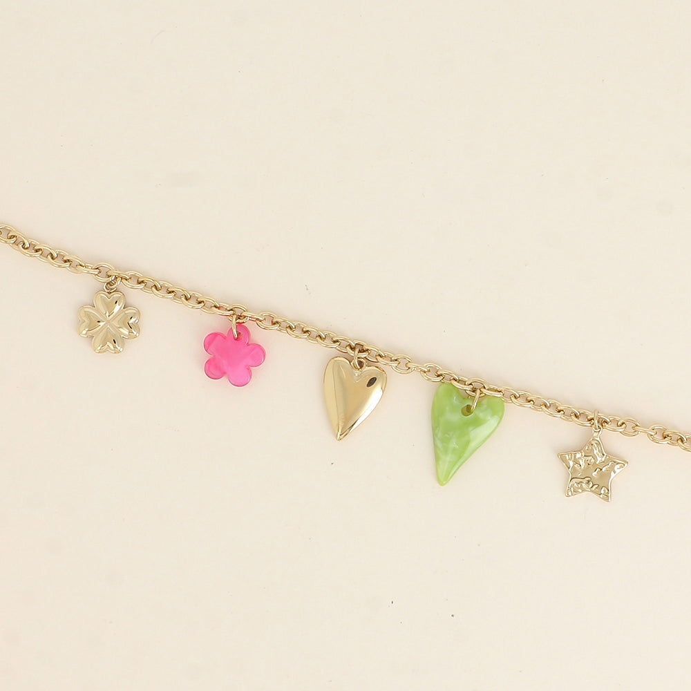 Bracelet - étoile martelée, cœurs, perle fleur et trèfle (17+3 cm)