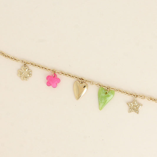Bracelet - étoile martelée, cœurs, perle fleur et trèfle (17+3 cm)